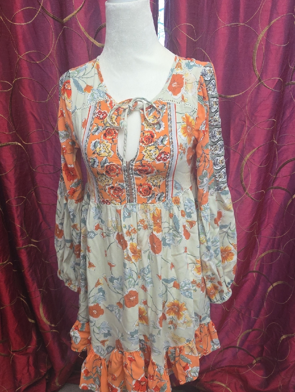 Patrons of Peace Orange and Cream Floral Tie-Front Long Sleeve Mini Dress